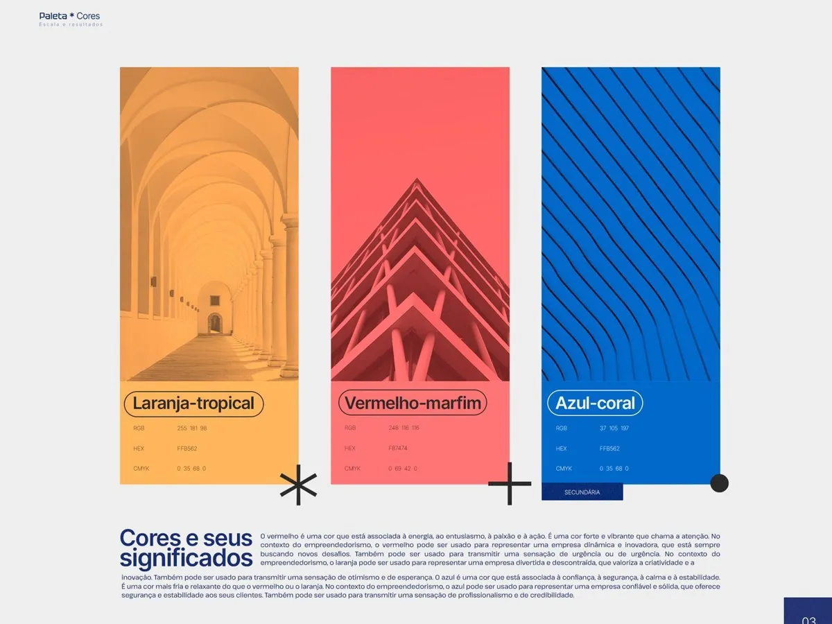 Paleta da marca em três cartões: laranja, vermelho e azul
