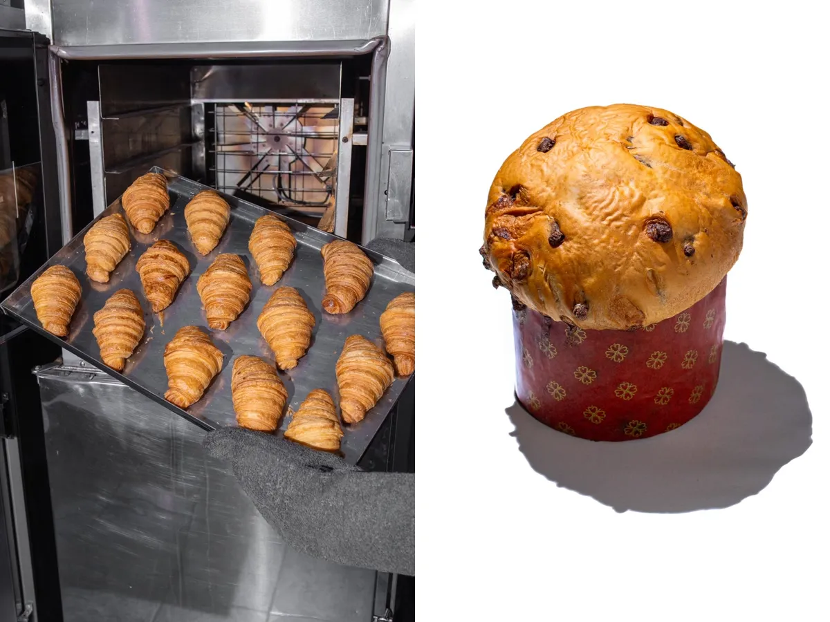 Assadeira de croissants saindo do forno e chocotone em fundo branco