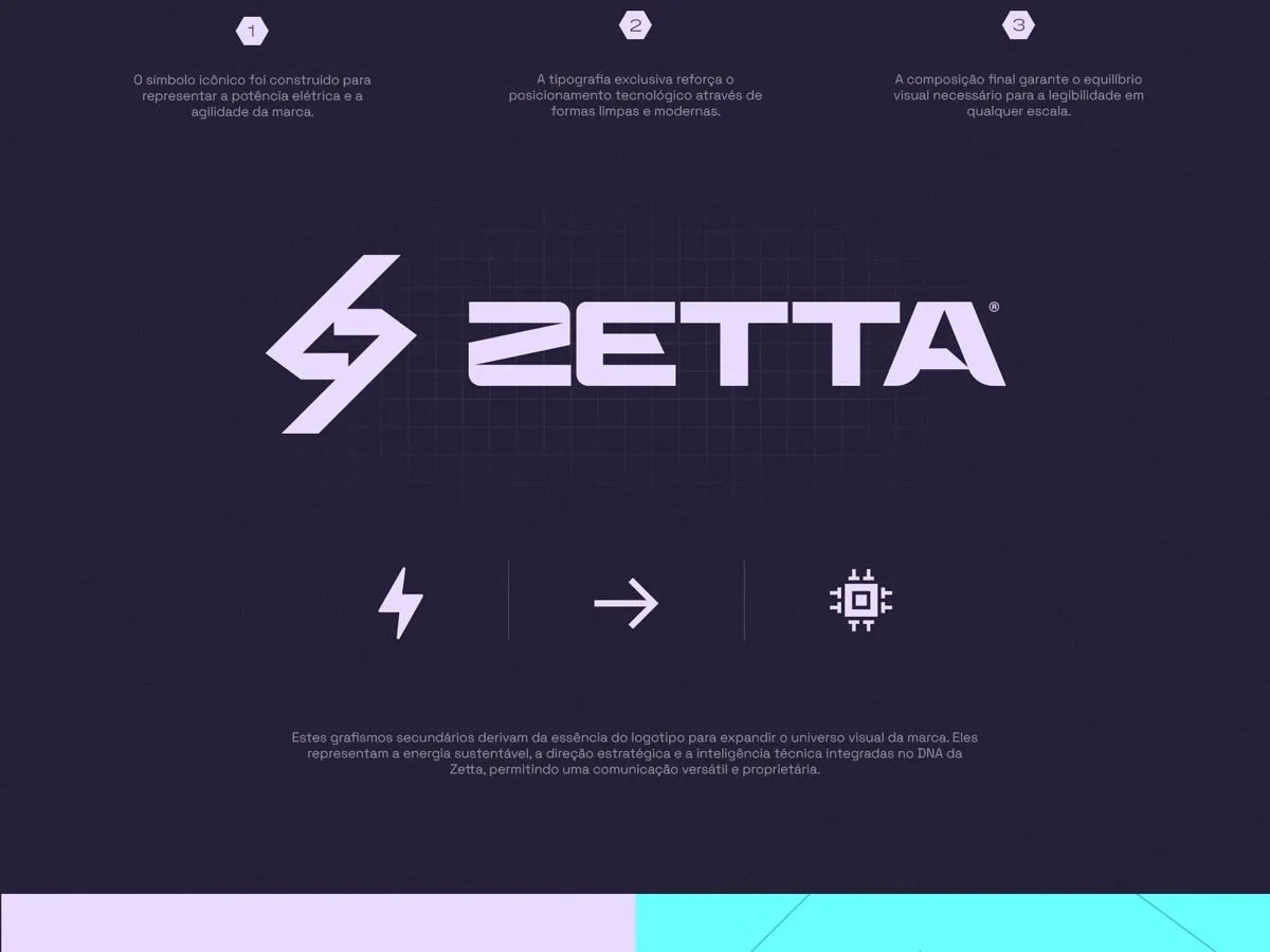 Logotipo da Zetta em branco sobre fundo escuro, com três ícones abaixo